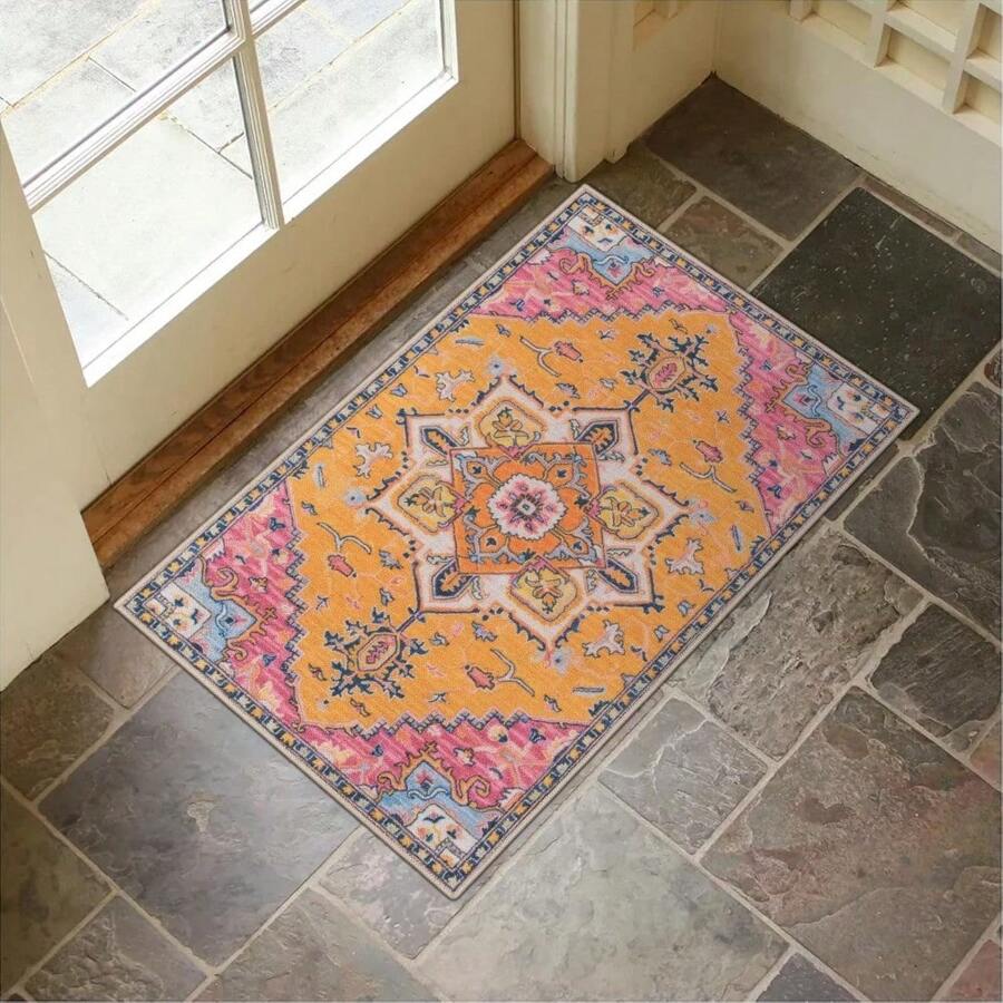 Washable Indoor Door Mat, Non Slip Retro Entryway Rug Doormat Quick Absorbent Entrance Rug Distressed Front Door Mat, Welcome Mats Floor Mat Doormats For Kitchen Home Patio - Gold/Pink - View 1