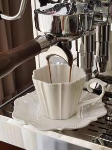 1 Pc French High-End Embossed Floral Lace Design Coffee Cup & Saucer Set, Elegant Afternoon Tea And Latte Cup Back To School - White - View 4