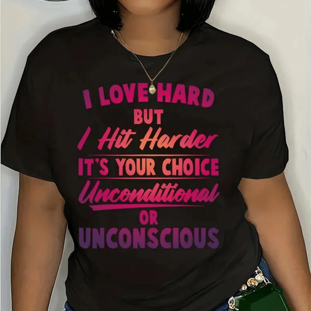 I Love Hard But I Hit Harder Graphic Polyester Breathable Tee Shirt Crew Neck Casual T Shirts For Wo - màu đen - Xem 1