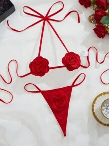 2pcs/Set Customized Letter Lace Thong & Panty Sexy Lingerie Set For Women, Customized Letter Set, Couple Gift With Sequins, Colorful Customization - Red - View 2
