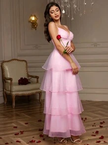 Frühlings- und Sommer A-Linien Kleid mit rosa Organzabändern, romantisches Valentinstagkleid, Geburtstagsparty-Kleid, mehrlagiger Kuchensaumrock, geeignet als Abschlussballkleid, kann auch für Strandurlaub, Lässig, Geburtstagsfeiern und als Hochzeitsgast-Kleid getragen werden