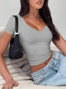 Vaiaye Women's Summer V-Neck Short Sleeve Solid Color Slim Fit Sexy Waisted Y2K T-Shirt, Suit For Exercise And Fitness, Daily Wear