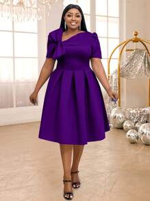 Plus Size Spring Purple Easter A Line Skew Collar Bow Curve Dresses Valentine's Day,For Birthday, Wedding Guest, Graduation, Dinner, Homecoming - 紫色 - 查看 6
