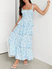 Women's Spaghetti Strap Sleeveless Ruffle Tiered Floral Maxi Dress For A Summer Romance - 藍色 - 查看 1
