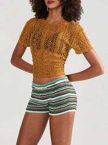 Pantalones cortos de rayas para mujer, informales, ajustados, de tiro medio, de punto, para ropa de calle de verano - Verde - Ver 7