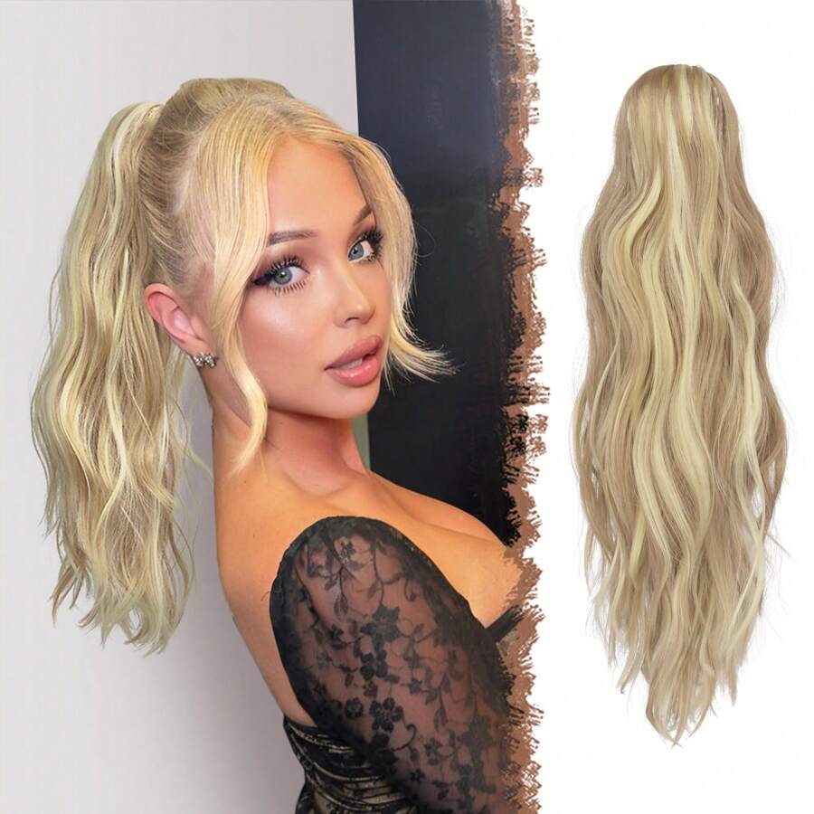 FESHFEN Ponytail Extensions, Long Claw Clip In Ponytail Hairpiece Synthetic Pony Tails Hair Piece Natural Wavy Hairpieces For Women, 20 Inch - Dark Ash Blonde Mixed Bleach Blonde - View 1