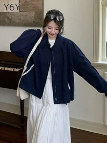 Y6Y 休闲简约立领拉链短夹克外套，女士时尚百搭修身上衣外套，适合秋冬季 - 藏藍色 - 查看 8