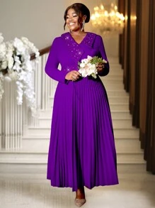 加大码春季紫色复活节长褶女式不对称亮片领高腰场合生日华丽连衣裙，适合节日派对、婚礼宾客礼服、舞会礼服