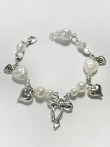 1 件金属亚克力水晶树脂银蝴蝶心形星空心旋转串珠手链，女士派对和日常佩戴情人节礼物