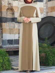 Neuer Frühling 2026 Mittlerer Osten Stil Lässiges Langkleid für Frauen, Beige & Hellbraun Farbblock Rundhals, Elegant für tägliche Ausflüge & leichte gesellige Anlässe