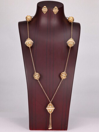 3st/set Lyxlykta ihåliga örhängen, tofshalsband, guldsmyckeset för kvinnor, lämplig för festklänning och festivaltillbehör