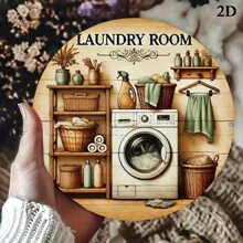 1pc Vintage Laundry Room Metal Wall Art, 7.8x7.8 Inch Round 2D Flat Printed Metal Sign, Durable And Easy To Hang Home, Office, Cafe Decor - Waterproof And Heat-Resistant, Laundry Room Accessory, 2D, Suitable For Room Decor With Pre-Drilled Holes, Random Hole Style