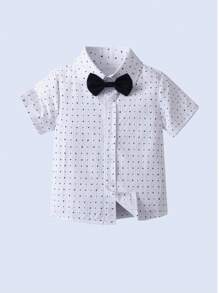 BOARNSEORL 2pcs Young Boys Gentleman Outfit - Navy Blue Shorts With Suspenders And White Polka Dot Short Sleeve Shirt With Bow Tie, Fashionabantic For Birthday Party, Wedding, Anniversary Celebration - Navy Blue - View 6