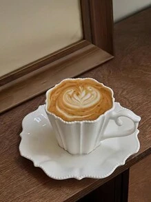 1 Pc French High-End Embossed Floral Lace Design Coffee Cup & Saucer Set, Elegant Afternoon Tea And Latte Cup Back To School - White - View 6