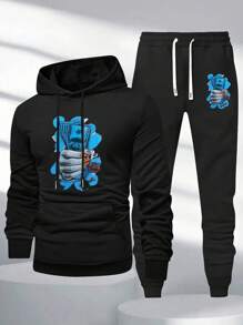 2pcs/Set Men's Thickened Thermal Lined Hoodie Sweatshirt And Sweatpants Set, Autumn Winter 2025 New Casual Plus Size Set - Black - View 3