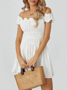 Women Flowy Pirate Dress Fairy Short Sleeve Y2k Off Shoulder Ruffle Corset Mini Dresses - trắng - Xem 6