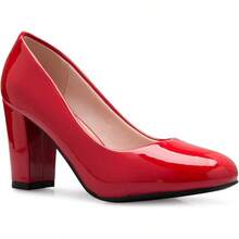 Women's Classic Round-Toe Platform Pumps High Block Heel - Adorable,-2025 - Red Patent* - View 1