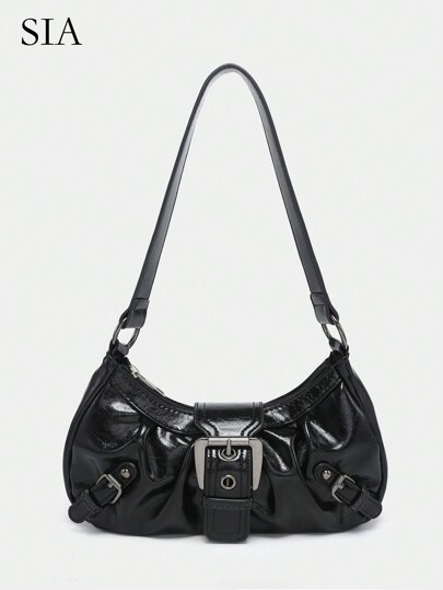 1 pièce Sac moto  vieilli de style rétro Maillard avec clous et boucles, doux au toucher, détails pliés, forme nuage, sac à épaule et sac bandoulière, convient pour le travail, les déplacements, les rendez-vous et les fêtes, sac vintage inspiré du style rétro pour femmes