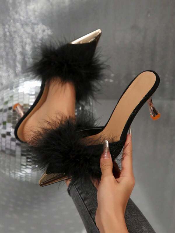 Women High Heel Pumps With Fluffy Fur Trim, Metal Closed Toe And Hollowed-Out Back Design, Fashionable & Versatile For Spring