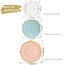 60pcs Elegant Wedding Paper Plates, Disposable Party Plates Suitable For Birthday, Baby Shower, Wedding, Easter And Other Occasions, Serves 20 Guests (7 Inch + 9 Inch + 10 Inch) - White Blue Pink - View 2