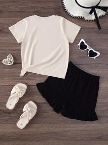 2pcs/Set Girls Casual Bow Decor Printed T-Shirt And Shorts Outfit, Outdoor Suit For Spring/Summer