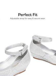Girls Wedding Shoes | Dress Flats With Low Wedge Heel & Flower Ankle Strap For Toddler To Big Kid - Silver - View 7