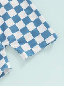 Toddler Rash Guard Swimsuit Checkerboard Print Short Sleeve Zip Up Bathing Suit Swimwear - Blue - View 7