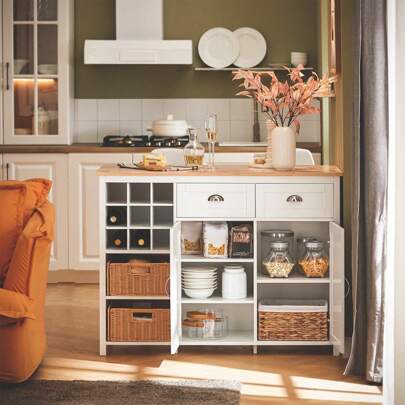 SoBuy KNL05-W Kitchen Island With 2 Rattan Baskets, Freestanding Kitchen Cabinet, Highboard, Chest Of Drawers, Sideboard, Bar Table, Dining Table, Buffet, White, WDH Approx. 120x90x56cm