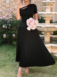 Asymmetric Ruffled Shoulder Women Dress - Black - View 4