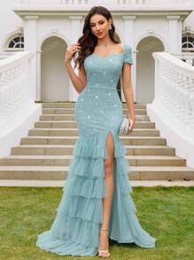 MIUSOL Sequin Lace Sweetheart Neck Cap Sleeve Mesh Layered Cake Hem Evening Party Maxi Dress, Elegant Party Dress For Women, Formal Evening Gown, Prom Dress, For Wedding Guest, Graduation, Dinner