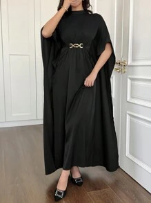 Women's Black Waist Pleated Cape Sleeve Arabic Abaya Dress - Black - View 3