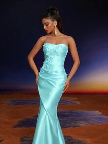 Anymoon 3D Hand Floral Ruffle Trim Mermaid Bridesmaid Dress - Mint Green - View 5