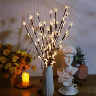 1pc 20 LED Star & Moon Mixed Branches Decoration Lights - Suitable For Wedding, Festivals And Holiday Decor, Star Night Light, Star Moon Branch Lights (Battery Not Included)