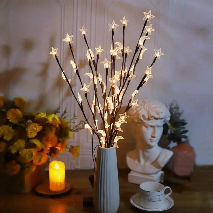 1 pieza 20 LED Luces de decoración con ramas de estrellas y lunas mixtas - Adecuado para boda, festivales y decoración festiva, luz nocturna de estrellas, luces de ramas de estrellas y lunas (Pilas no incluidas)