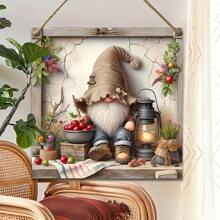 Arte de Parede de Jardim Country Gnome, Placas de Madeira 2D de Flores da Primavera, Decoração de Quintal Interno/Externo em Estilo Clássico, Decoração Doméstica Multifuncional Estilo Fazenda, Guirlanda Redonda/Quadrada Temática Sazonal, Decorações Penduradas na Parede e Porta Tema de Gnomo Vintage, Decorações de Jardim Decoração de Casamento Decoração Doméstica