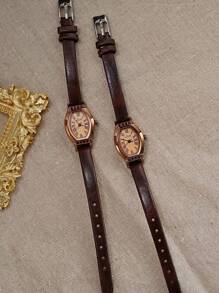 1 pieza Reloj de mujer vintage, elegante y casual, con correa color café, esfera con forma de barril y subreloj, estilo británico retro, reloj de cuarzo de lujo con cristales, para uso diario