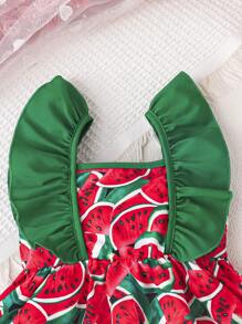 女婴夏季可爱西瓜印花荷叶边吊带休闲连衣裙 + 可爱背包套装 - 彩色 - 查看 3