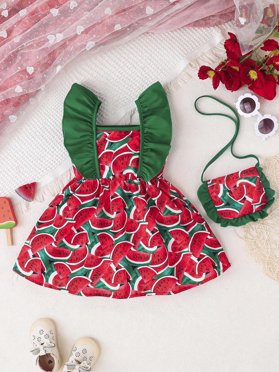 女婴夏季可爱西瓜印花荷叶边吊带休闲连衣裙 + 可爱背包套装 - 彩色 - 查看 1