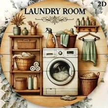 1pc Vintage Laundry Room Metal Wall Art, 7.8x7.8 Inch Round 2D Flat Printed Metal Sign, Durable And Easy To Hang Home, Office, Cafe Decor - Waterproof And Heat-Resistant, Laundry Room Accessory, 2D, Suitable For Room Decor With Pre-Drilled Holes, Random Hole Style