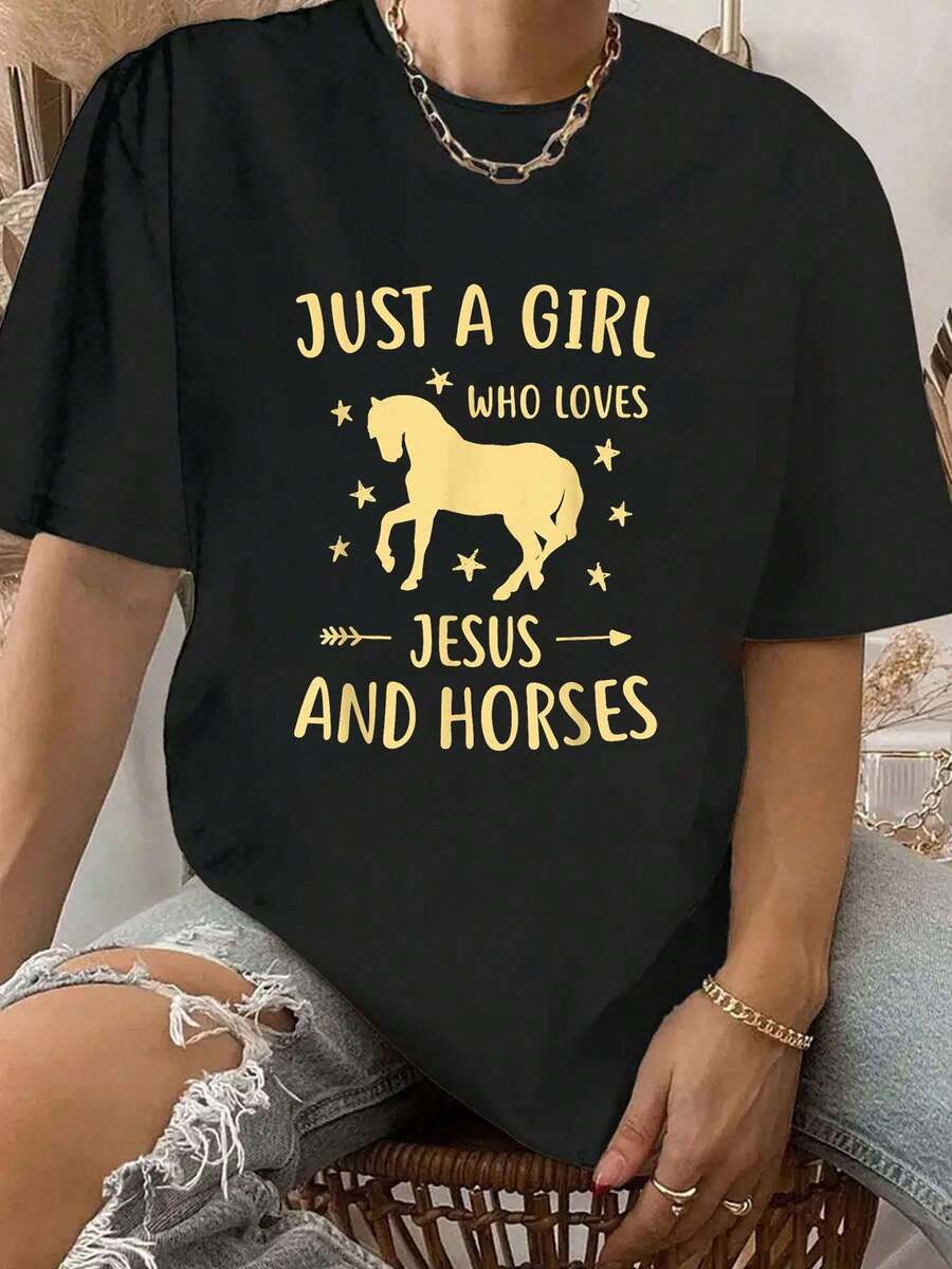Horse Shirts For Women Teen Girls Jesus And Horses T-Shirt - Black - View 1