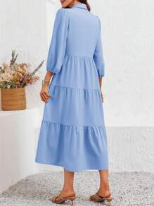 2026 Popular Fall Maxi Shirt Dress V Neck Vestidos Elegantes De Mujer Button Down 3/4 Sleeve Tiered Collared Flowy Design - 淺藍色 - 查看 2