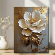 1 pieza, Pintura colgante de lienzo, Pintura decorativa enmarcada, Póster, Arte de pintura de óleo floral blanca elegante con hojas doradas - Decoración de pared abstracta moderna para sala de estar, dormitorio, oficina, etc. - Pintura al óleo enmarcada en HD, regalo perfecto para Halloween, Acción de Gracias, Navidad, decoración de habitaciones, pasillo, cafetería, biblioteca, baño