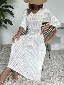 优雅女士时尚休闲V领长袖针织连衣裙，纯白色夏季海滩度假风，简约复古硬币设计，修身镂空剪裁，随机印花图案，适合返校季、秋冬季女装，圣诞节、感恩节和新年长款派对礼服 - 白色 - 查看 8