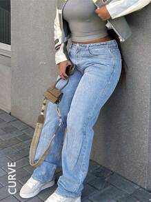 Large Size Women's Denim Jeans - Wide Leg Loose Mid Waist Boyfriend Jeans, Y2K Style Denim Pants - Light Wash - View 4