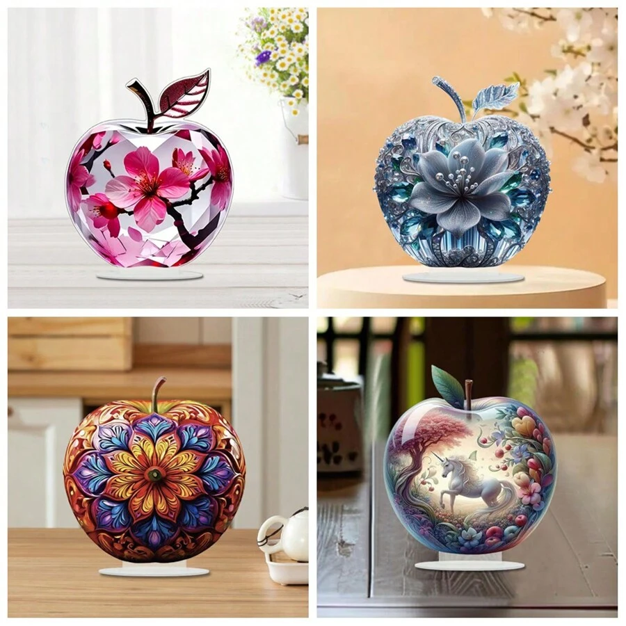 1 pieza Adorno decorativo de sobremesa en forma de manzana 2D - Patrones de flores en manzana, caballo en manzana, para sala de estar, comedor, dormitorio, oficina en casa. Regalo perfecto para fiestas, festivales, graduación, cumpleaños y Navidad para amigos y familia.