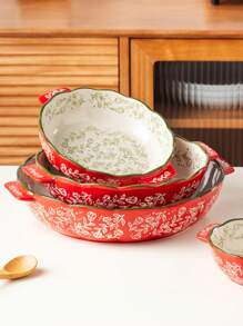 Assadeira redonda de cerâmica pintada à mão, com estampa floral vintage vermelha e alças, ideal para saladas, grelhados, assados, sobremesas e para fazer pizza e massas, para forno e micro-ondas, utensílios de cozinha