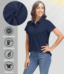 KEFITEVD Women's Polo Shirts UPF 50+ Sun Protection 4 Buttons Casual Work Quick Dry Short Sleeve Collared Golf Shirt - Màu xanh hải quân - Xem 4