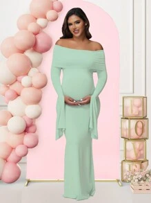 Maternity Long Sleeve Solid Color Off-Shoulder Dress For Baby Shower Photoshoot Party