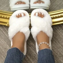 Fall/Winter Women Cross Strap Fluffy Bedroom Slippers, Fabric Fashion Slippers White - White - View 2