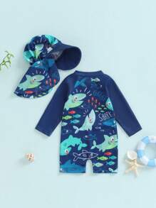 Traje de baño para niño pequeño con gorro, 2 piezas, estampado de tiburón y pez, con cremallera, manga larga, cuello redondo, bañadores para bebé niño - Azul - Ver 6